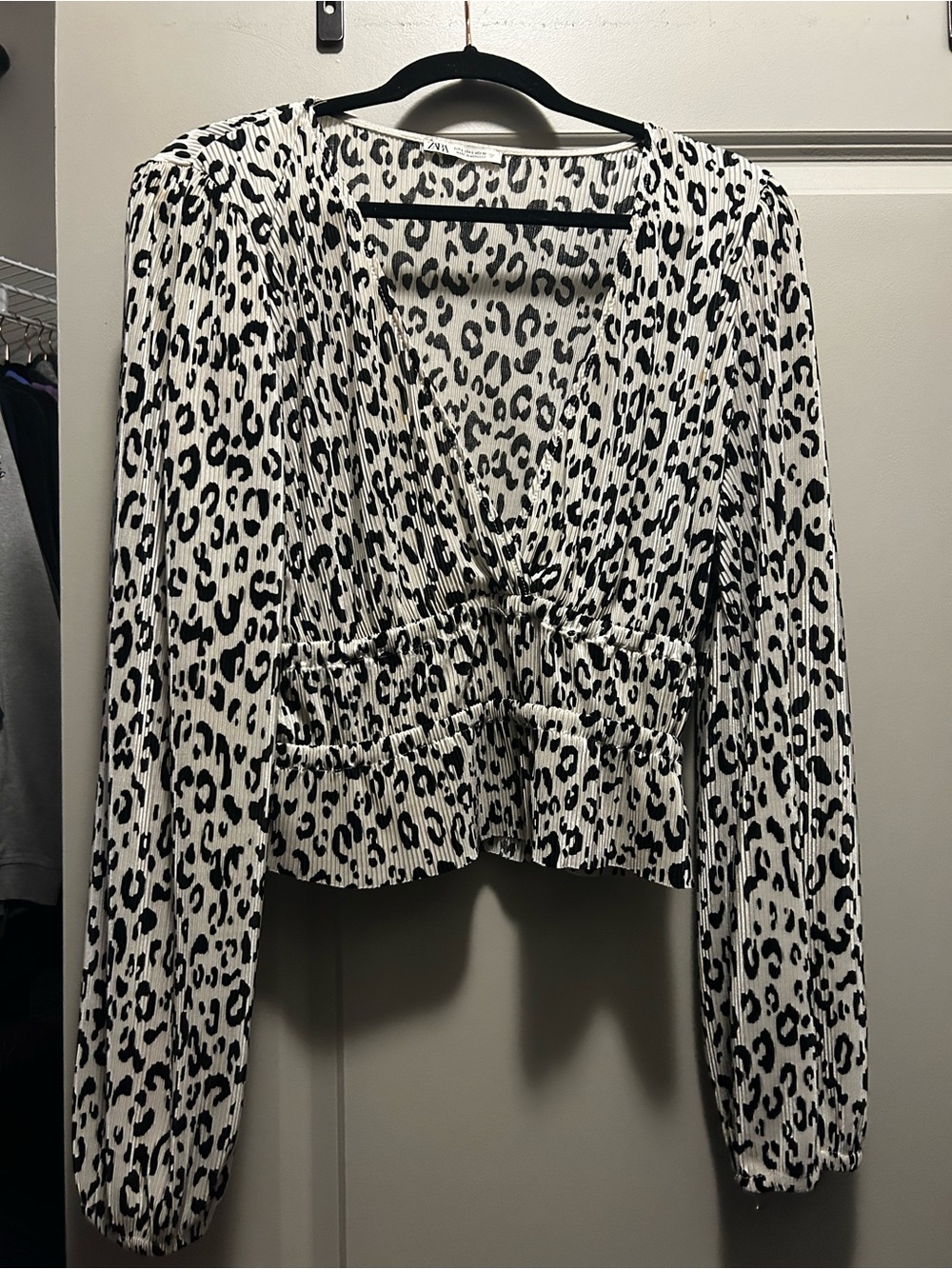 Zara Black and White Leopard Wrap Peplum Blouse
